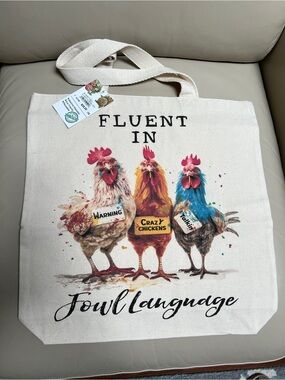 NWT “Fluent in Fowl Language” Lightweight Canvas Tote  15 1/4” x 15 1/2”
